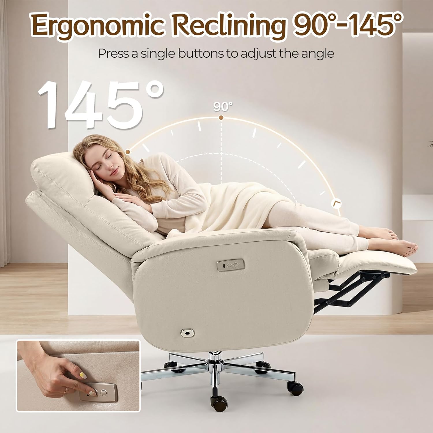 ECOTOUGE Electric Office Chair with USB Charging, Recliner Executive Office Chair with Footrest, Big and Tall High-Back Computer Chair, 400LBS Weight Capacity, Microfiber, Beige