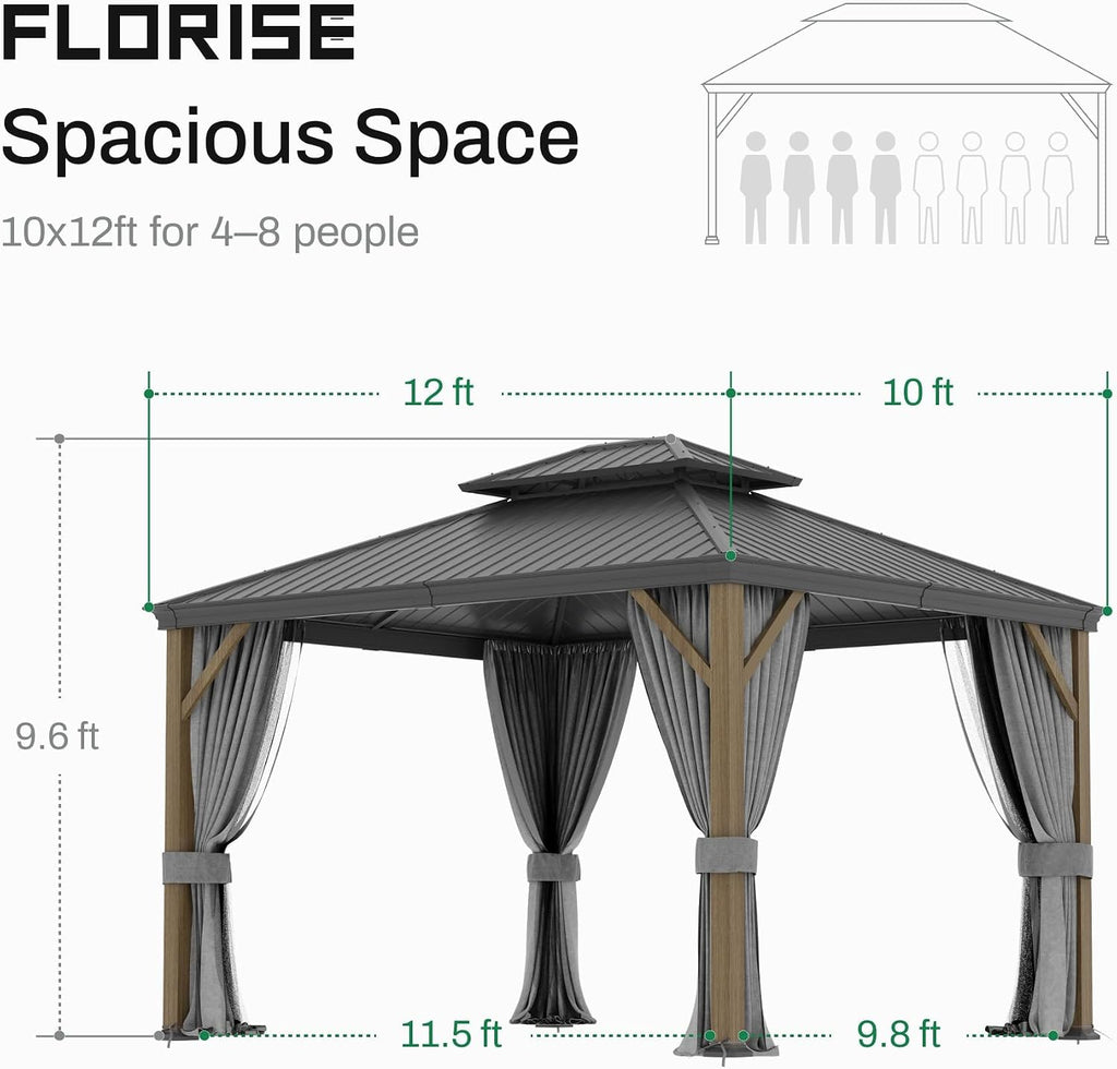 Florise 10x 12 Ft Hardtop Gazebo, Outdoor Metal Canopy with Heavy Duty Aluminum Frame, Privacy Curtain and Netting Included, for Patio, Garden, Yard & Lawn