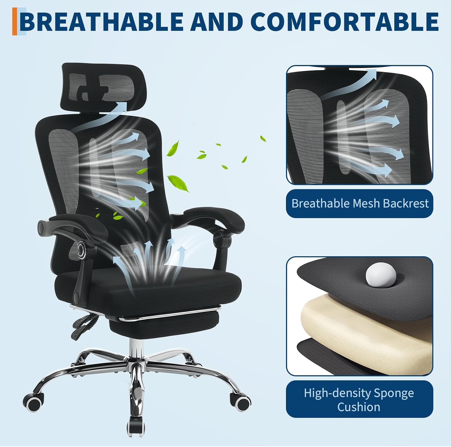 Mesh Ergonomic Office Chair with Footrest, Home Office Computer Desk Chair with Adjustable Headrest and Backrest, Comfortable Lumbar Support, Executive Desk Chair with Wheels 360 Swivel, Black