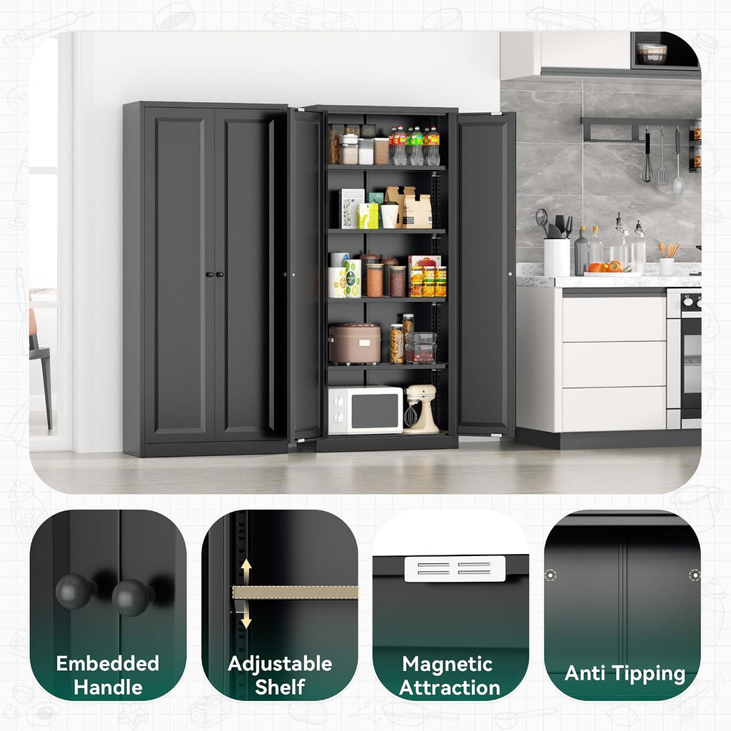 Greenvelly 63' H Black Metal Pantry Storage Cabinet, Locking Metal Cabinet with 4 Adjustable Shelves and 2 Doors for Kitchen, Home, Garage, Pantry