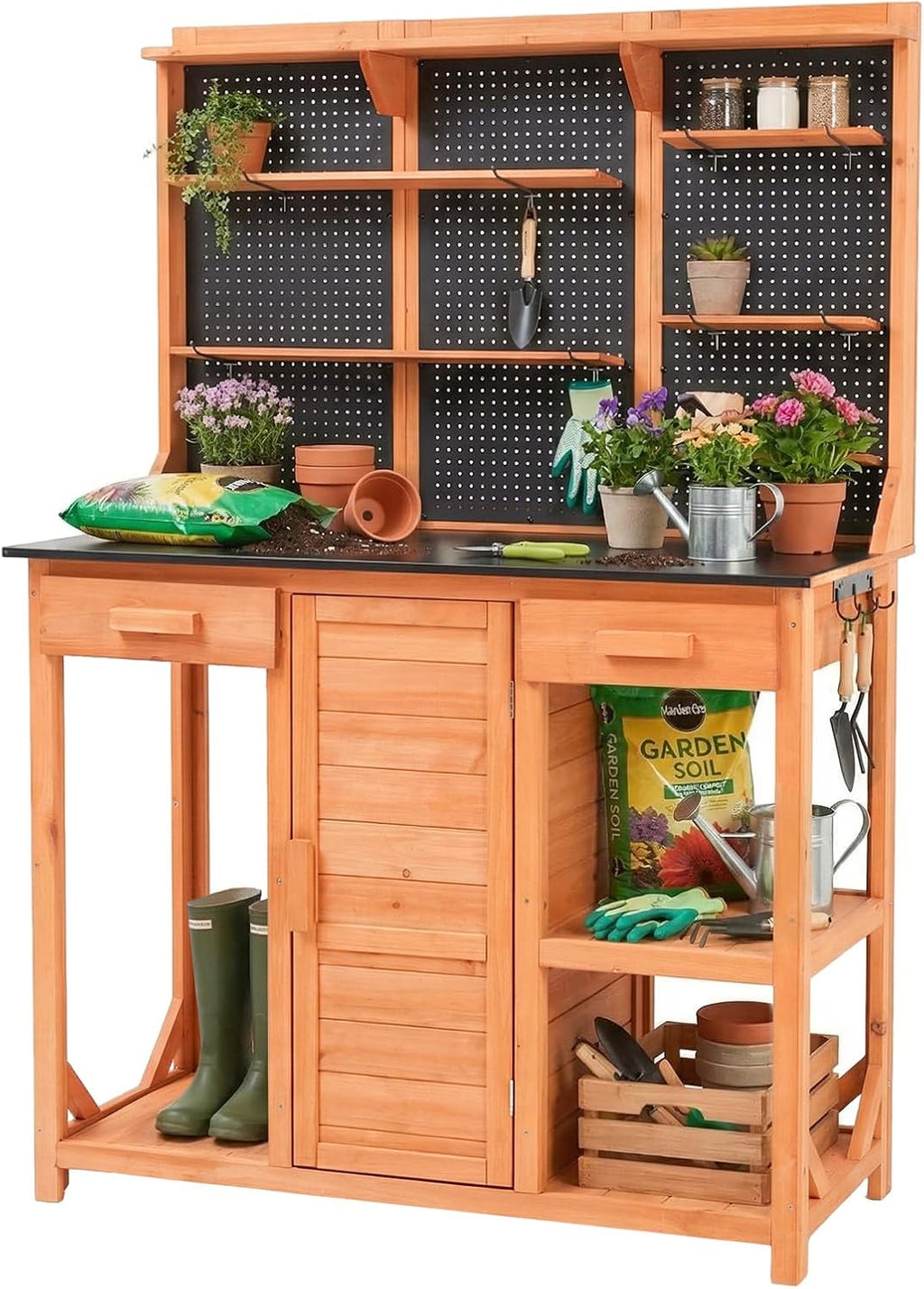 Wooden Outdoor Potting Bench with Pegboard, Storage Cabinet & Black Metal Top - Garden Table for Patio/Backyard