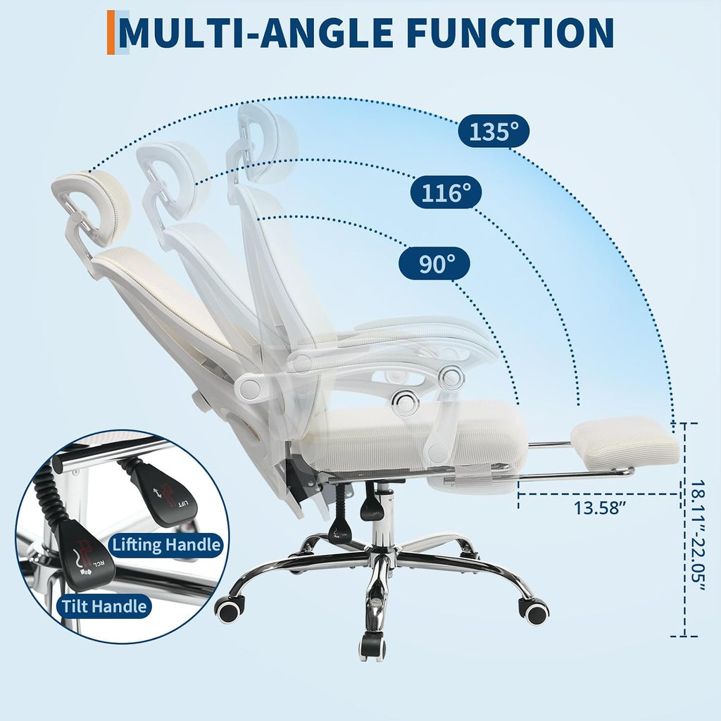 Mesh Ergonomic Office Chair with Footrest, Home Office Computer Desk Chair with Adjustable Headrest and Backrest, Comfortable Lumbar Support, Executive Desk Chair with Wheels 360 Swivel, Beige