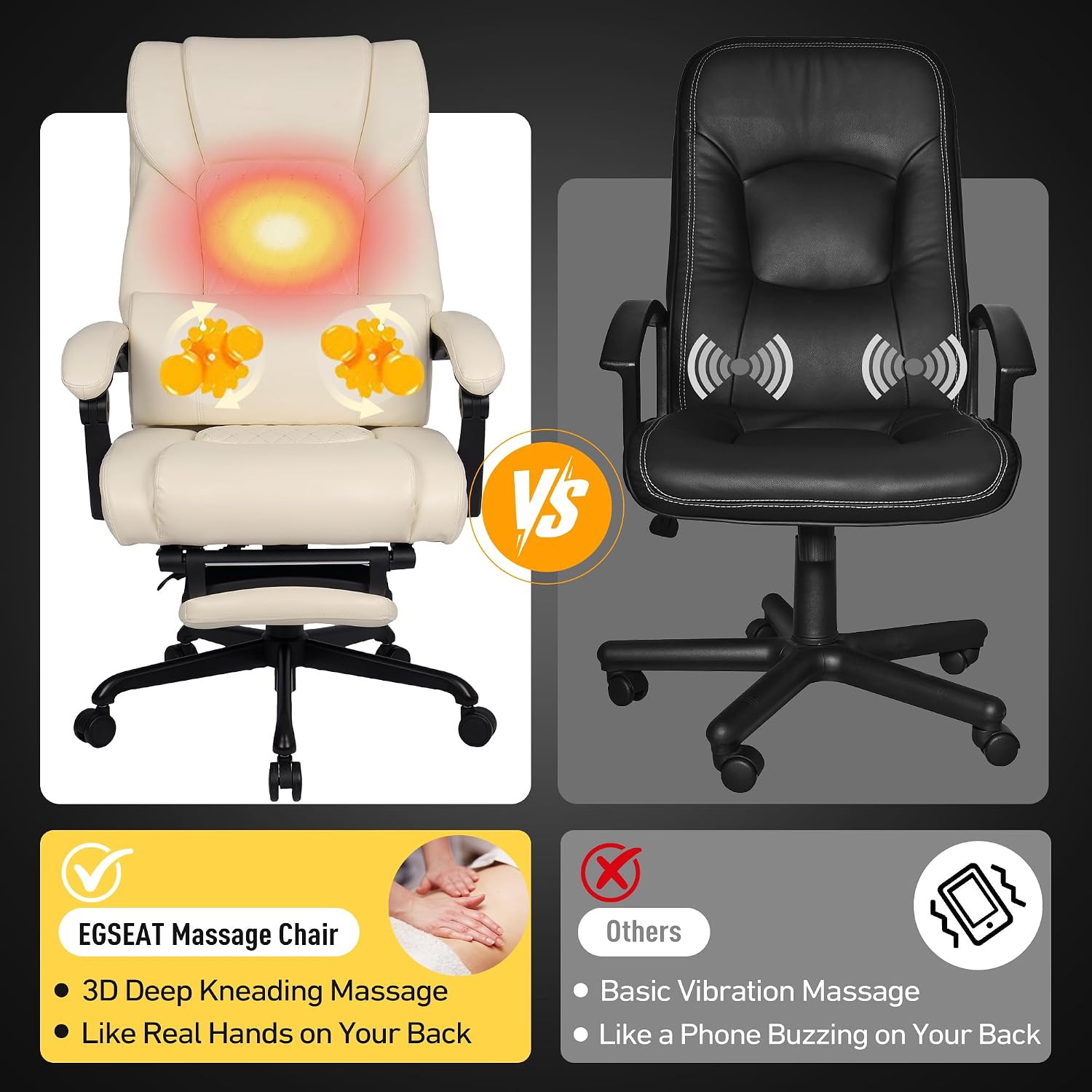 3D Kneading Massage Office Chair with Heat, 500 lbs Big and Tall Executive Computer Desk Recliner, Leather Electric Heated Office Chairs with Massage & Footrest