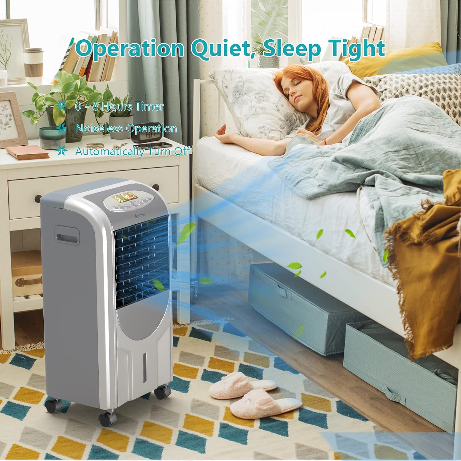 COSTWAY Evaporative Cooler and Heater, 5-in-1 Portable Air Cooler with Remote Control, 8-Hour Timer, 2 Ice Boxes, Quiet Operation, Bladeless Air Cooler for Indoor Use Home Office Dorms Grey
