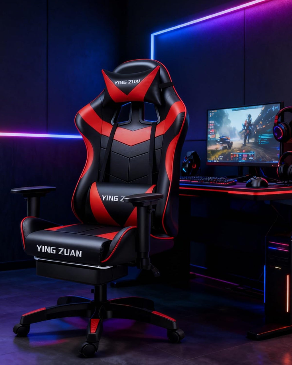 Video Gaming Chair with Speakers, PU Leather Office Chair with Massage Lumbar Pillow & Footrest, Latex Reclining Desk Chair with Adjustable Rotating Armrests for Adults(Pink)