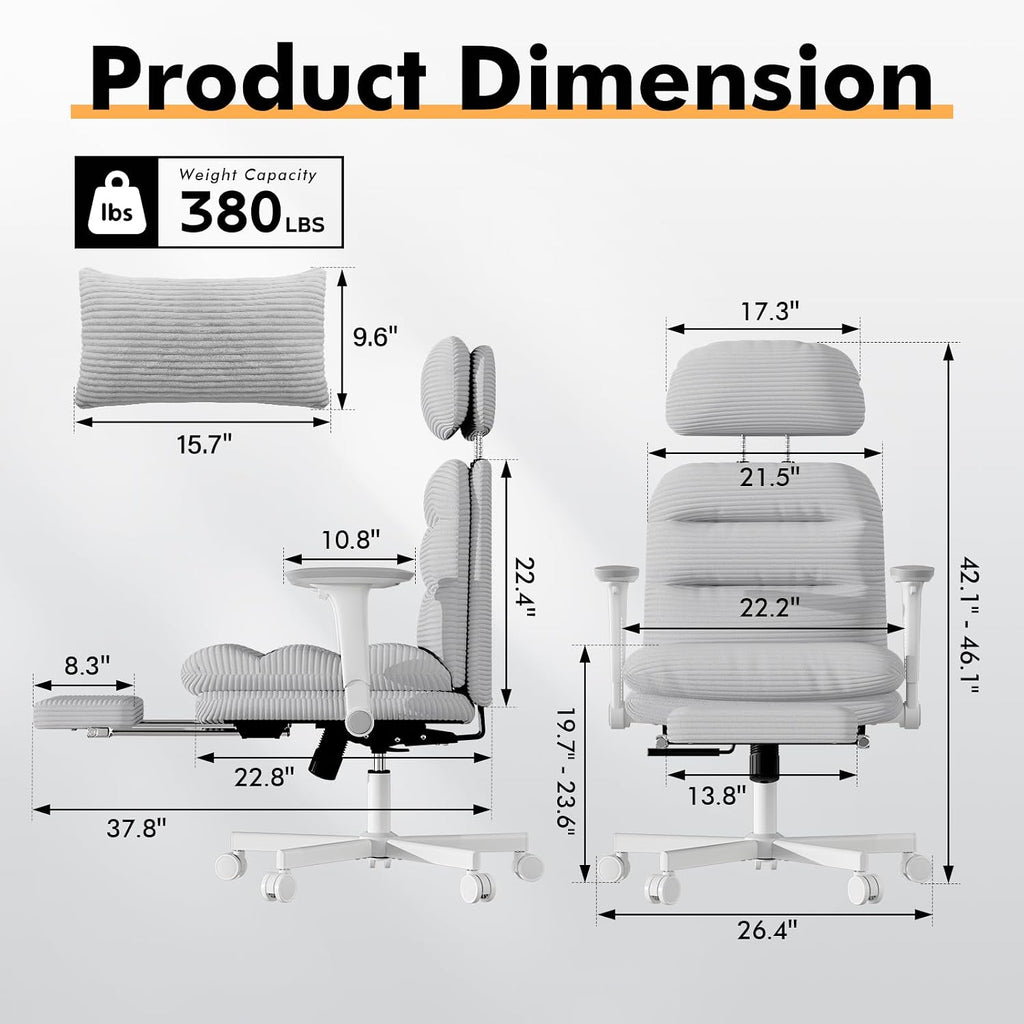 GXJ Criss Cross Chair with Flip-up Arms, Executive Office Chair with Foot Rest, Cross Legged Office Chair G800 Plus, Extra Lumbar Pillow, Corduroy Comfy Computer Desk Chair for Home, Grey