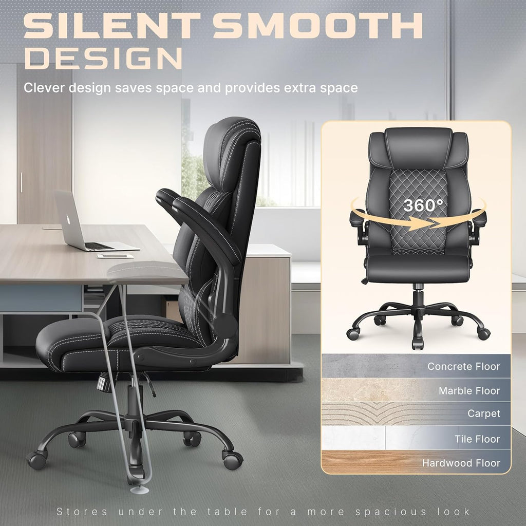 Office Chair-Executive High Back Breathable Big and Tall Office Chair Flip-up Armrests Lumbar Support-Ergonomic Leather Rolling Swivel Chair with Rock Function for Working Studying Gaming,Black