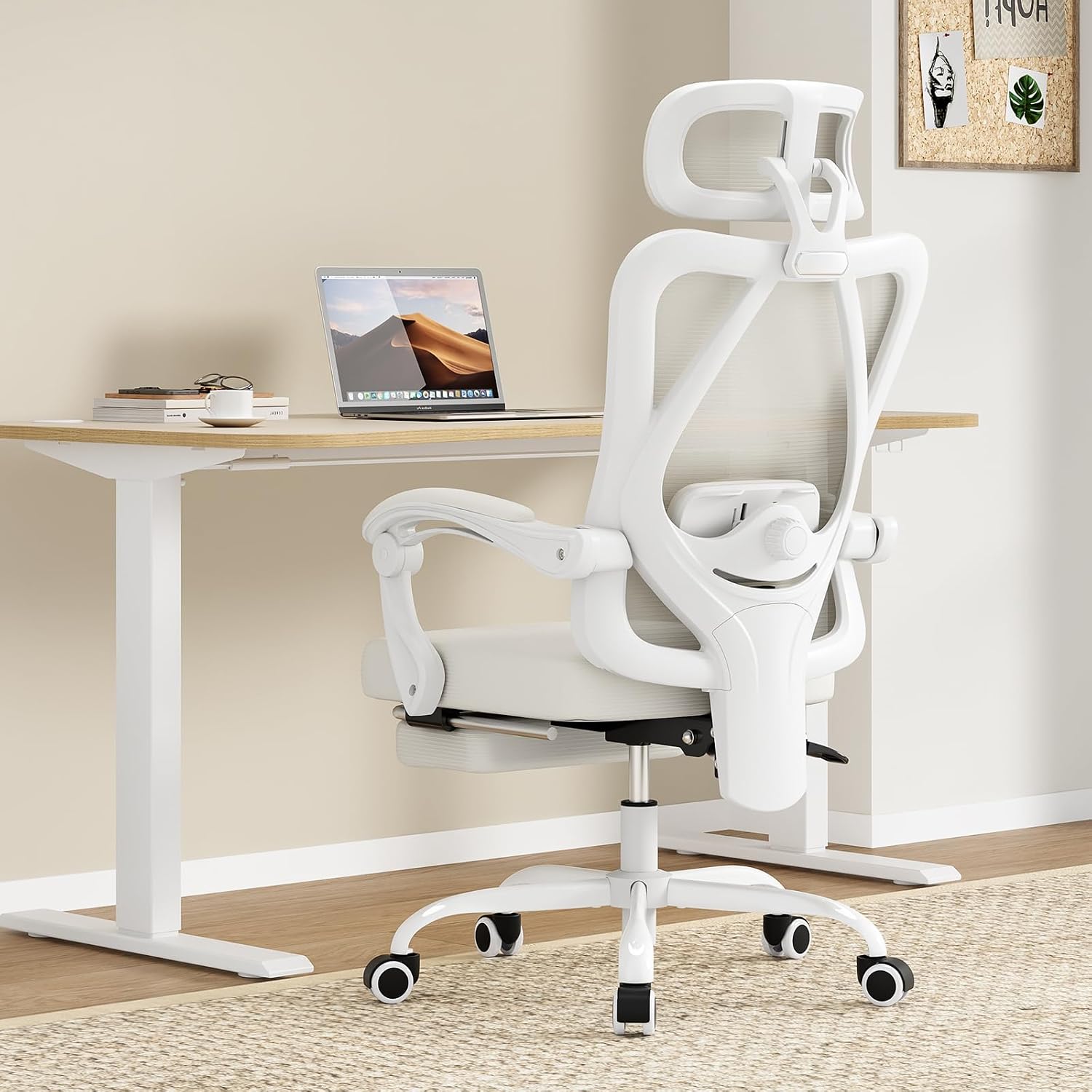 Farini Office Chair with Footrest, Ergonomic Mesh Office Chair with Headrest, High Back Desk Chair with Lumbar Support, Swivel Computer Chair for Office Study Room, White and Beige