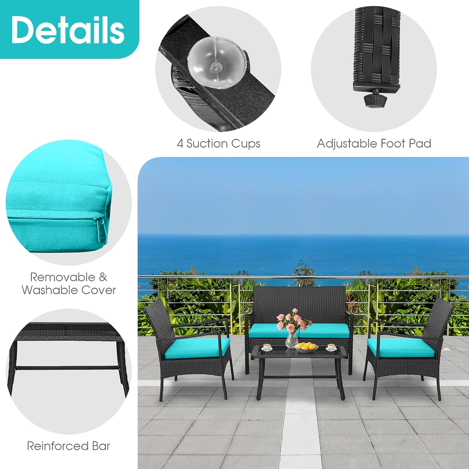 HAPPYGRILL 4 Pieces Patio Wicker Furniture Set PE Wicker Conversation Set, Rattan Sofa Chair with Cushions Tempered Glass Coffee Table, Outdoor Sectional Bistro Set for Poolside Backyard Lawn Garden