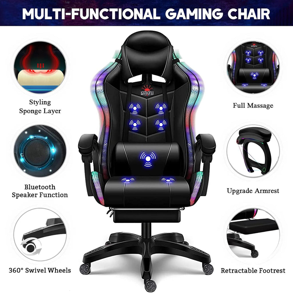 Gaming Chair with Speakers Gamer Chair LED Lights PU Leather Recliner Chair 360°Swivel Function Ergonomic Video Game Chairs with Headrest Armrest Massage Office Chair Computer Chair,Black