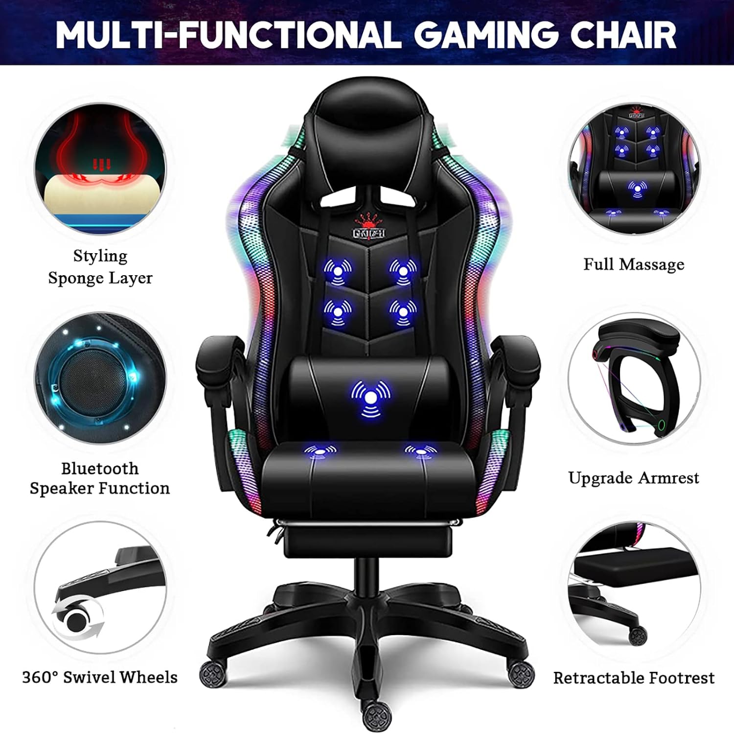 Gaming Chair with Speakers Gamer Chair LED Lights PU Leather Recliner Chair 360°Swivel Function Ergonomic Video Game Chairs with Headrest Armrest Massage Office Chair Computer Chair,Red