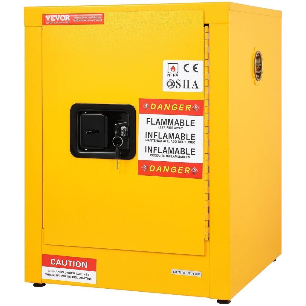 VEVOR Flammable Cabinet 17' x 17' x 22', 12 GalCold-Rolled Steel Flammable Liquid Storage Cabinet, Explosion Proof with 1 Adjustable Shelf 1 Door for Commercial Industrial Use, Yellow