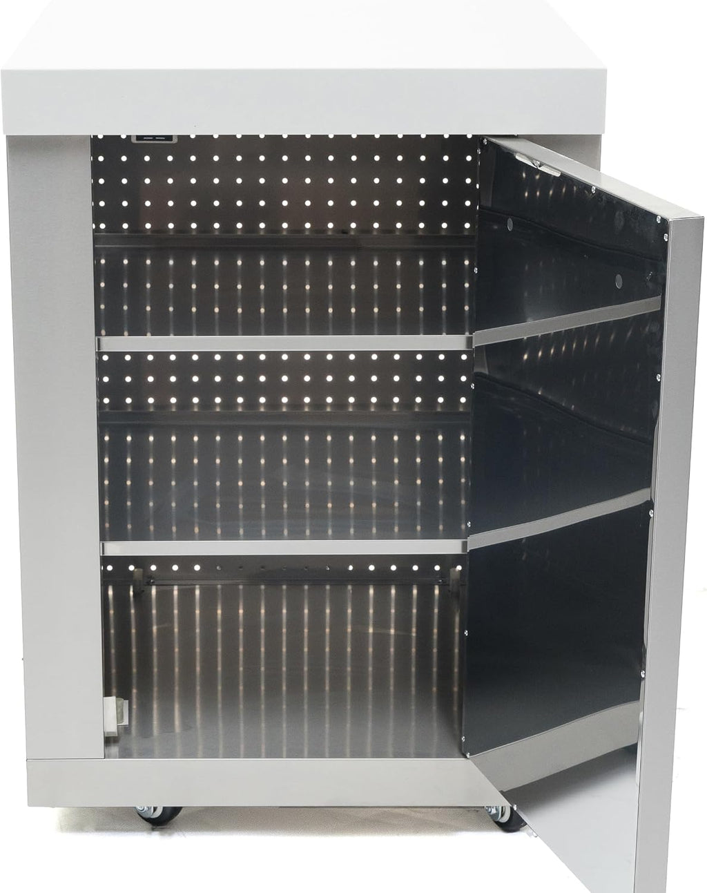 Mont Alpi Premium 25' W Stainless Steel Extra Storage Cabinet Module with Magnetic Door for 805 or 400 Original and Deluxe Series Outdoor Kitchen Island Grills + White Granite Countertops + 2 Shelves