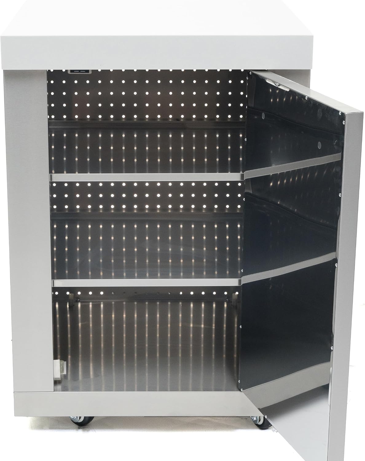 Mont Alpi Premium 25' W Stainless Steel Extra Storage Cabinet Module with Magnetic Door for 805 or 400 Original and Deluxe Series Outdoor Kitchen Island Grills + White Granite Countertops + 2 Shelves