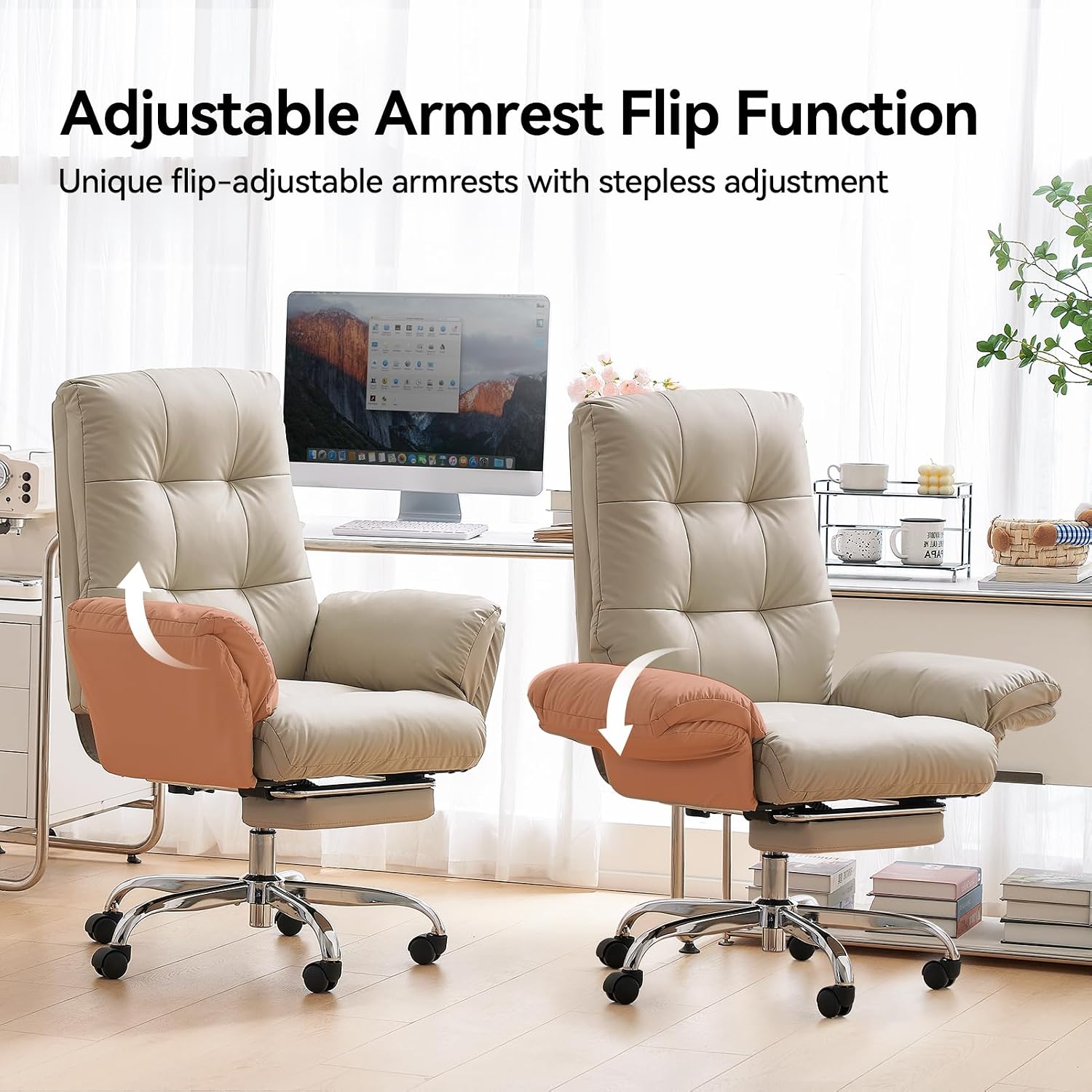 EMIAH Office Chair with Foot Rest Criss Cross Chair with Wheels and Flip-up Arms Reclining Desk Chair Comfy Wide Seat PU Leather Rolling Computer Home Office Chair (Beige)