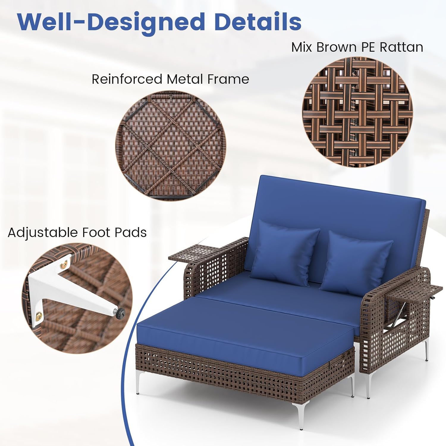Tangkula Patio Rattan Daybed with 4-Level Adjustable Backrest, Boho Outdoor Wicker Loveseat & Storage Ottoman with Cushion, 2-Person Sun Lounger with Folding Tables for Poolside, Backyard & Garden