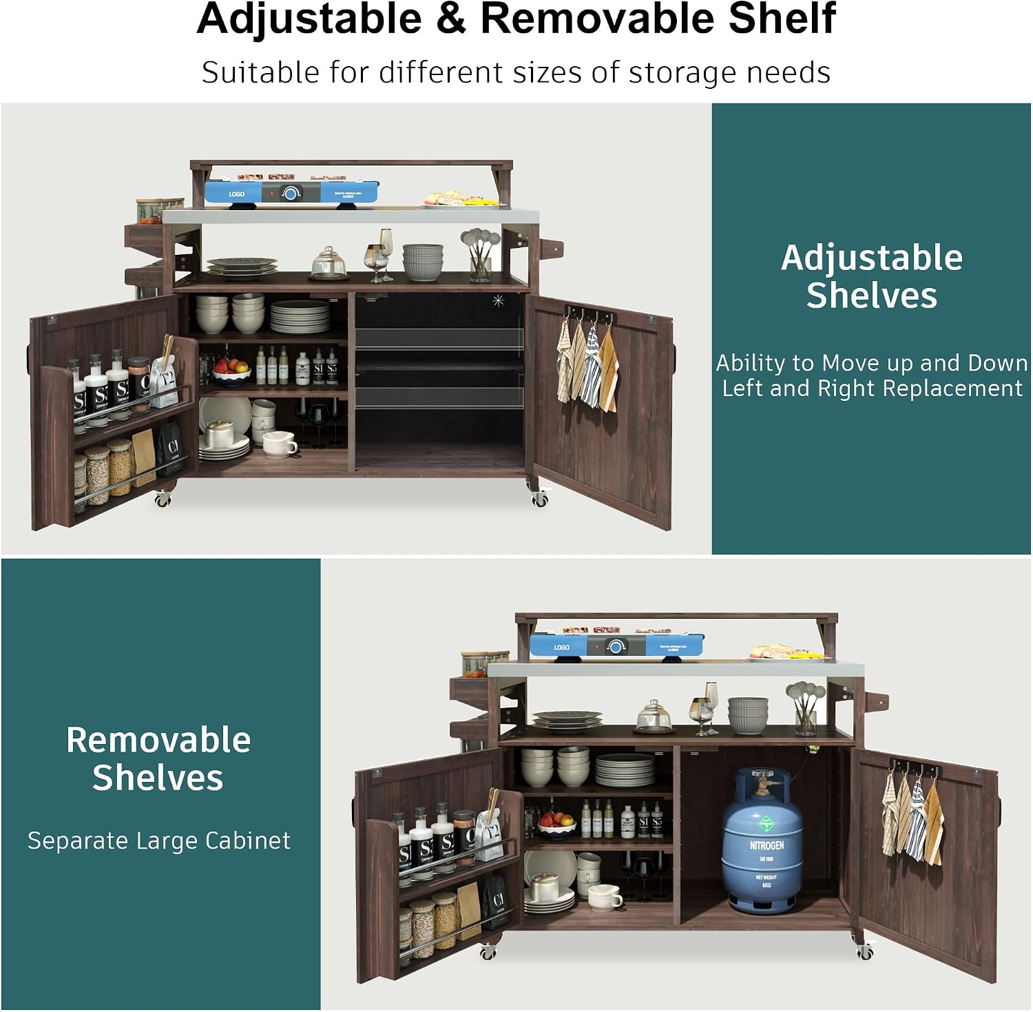 Farmhouse Outdoor Grill Bar Table with Stainless Steel Top and Raised Shelf, Solid Wood Outdoor Storage Cabinet Grill Cart with Adjustable Shelf, Outside Bar for Patio, Kitchen, BBQ, Brown
