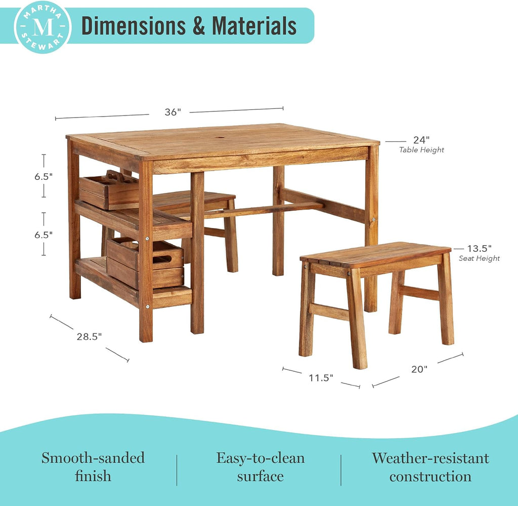 Martha Stewart Kids Outdoor Craft Table and 2 Bench Set: Acacia Wood Activity Desk w/Crate, Caddy, and Storage Shelves | Kids Play & Picnic Table w/Benches for Backyard, Patio, Outdoor Classrooms