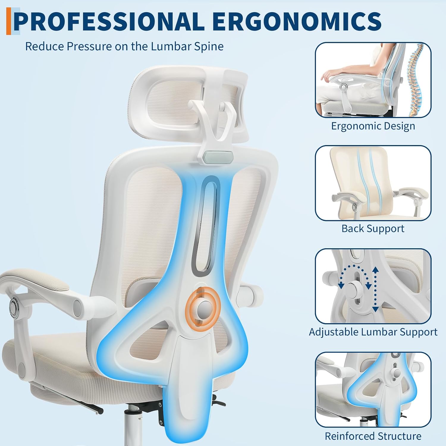 Mesh Ergonomic Office Chair with Footrest, Home Office Computer Desk Chair with Adjustable Headrest and Backrest, Comfortable Lumbar Support, Executive Desk Chair with Wheels 360 Swivel, Beige
