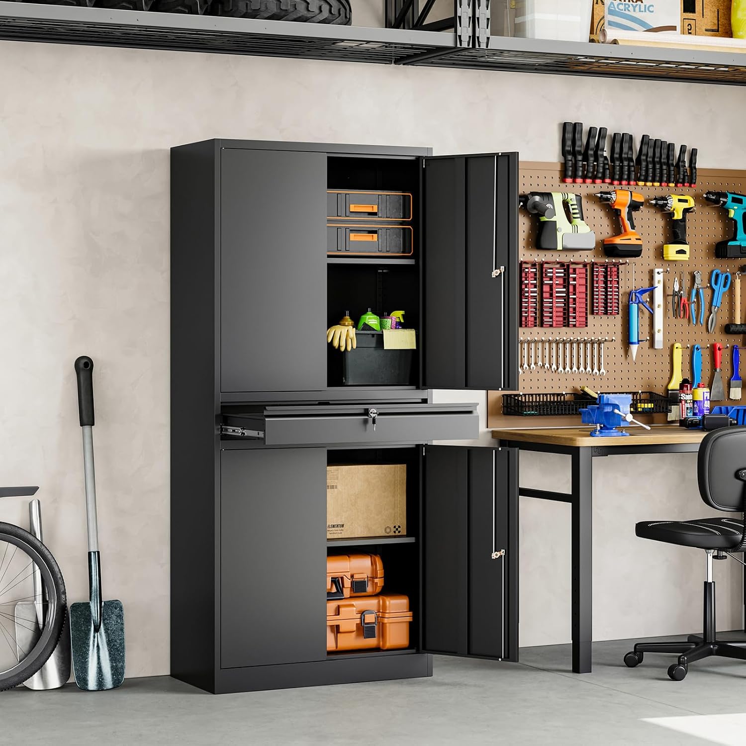 Yizosh Metal Garage Storage Cabinet with Locking Doors and Adjustable Shelves, 71' Tool Storage Cabinet with 1 Drawer for Garage,Warehouse (Black)