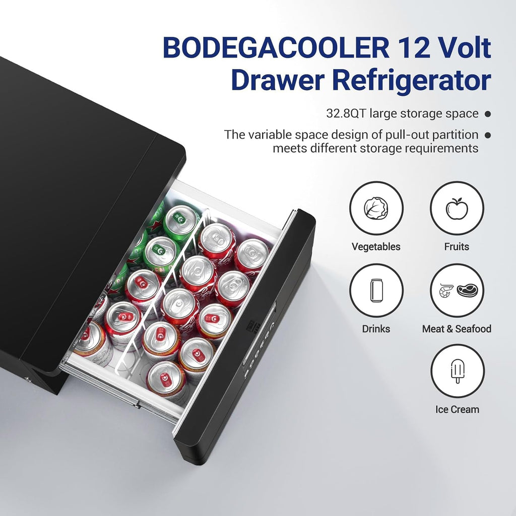 BODEGACOOLER 12 Volt Drawer Refrigerator, 33Quart(31L) RV Fridge Freezer APP Control, Portable Refrigerator (-4℉-68℉), Car Cooler for Travel ,Camping, Road Trips Tailgating, Truck, Van, SUV 12/24V DC