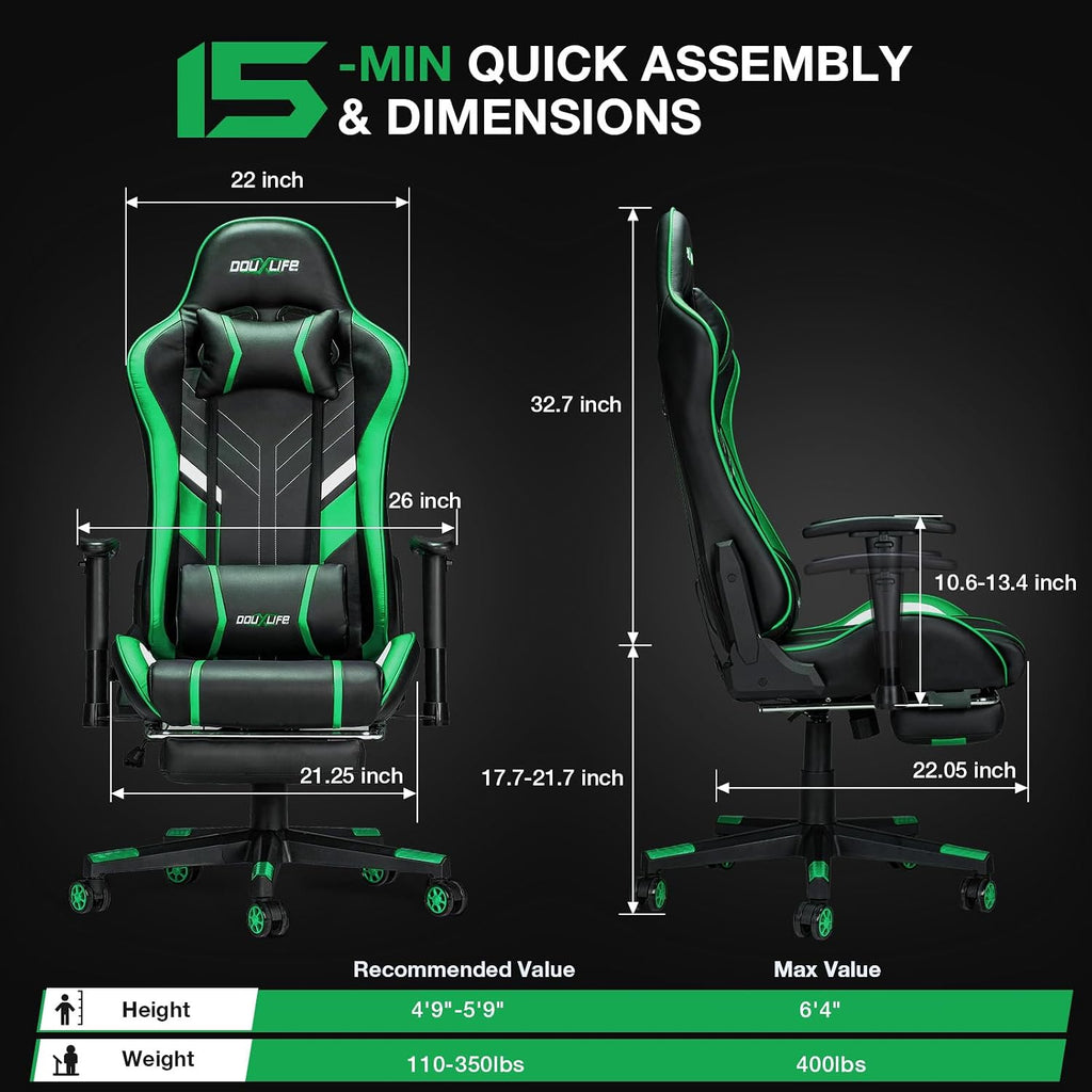 Douxlife 7-Point Massage Gaming Chair with Footrest, 400lbs Heavy Duty Ergonomic Computer Chair, 175° Reclining High Back Racing Seat for Adults with Adjustable Armrests & Lumbar Support, Green