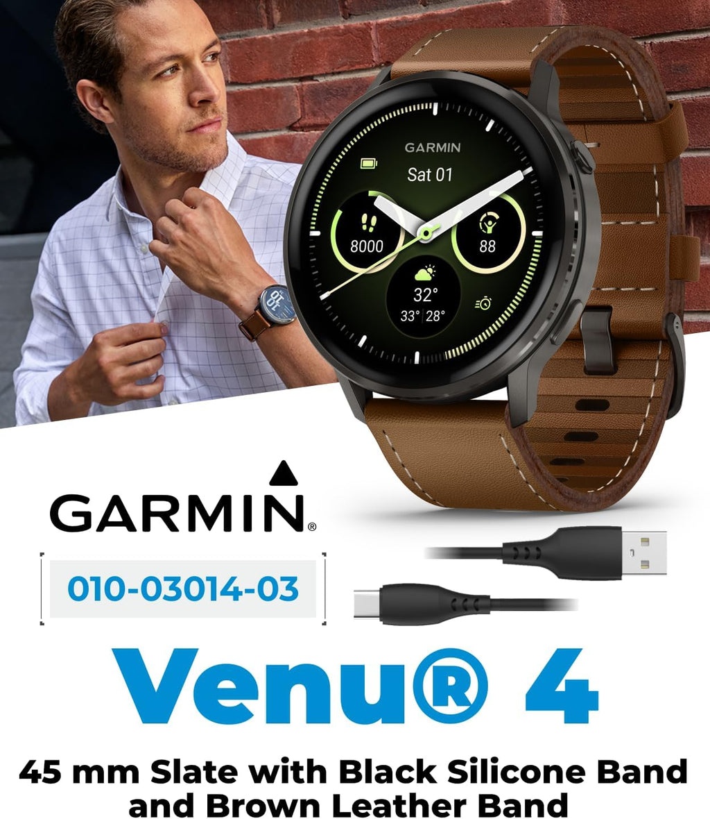 Garmin Venu 4 45mm AMOLED Advanced Health & Fitness GPS Smartwatch, Colorful Display, Flashlight, Up to 12 Days Slate w/Black Silicone & Brown Leather Bands w/Wearable4U Black Earbuds Bundle