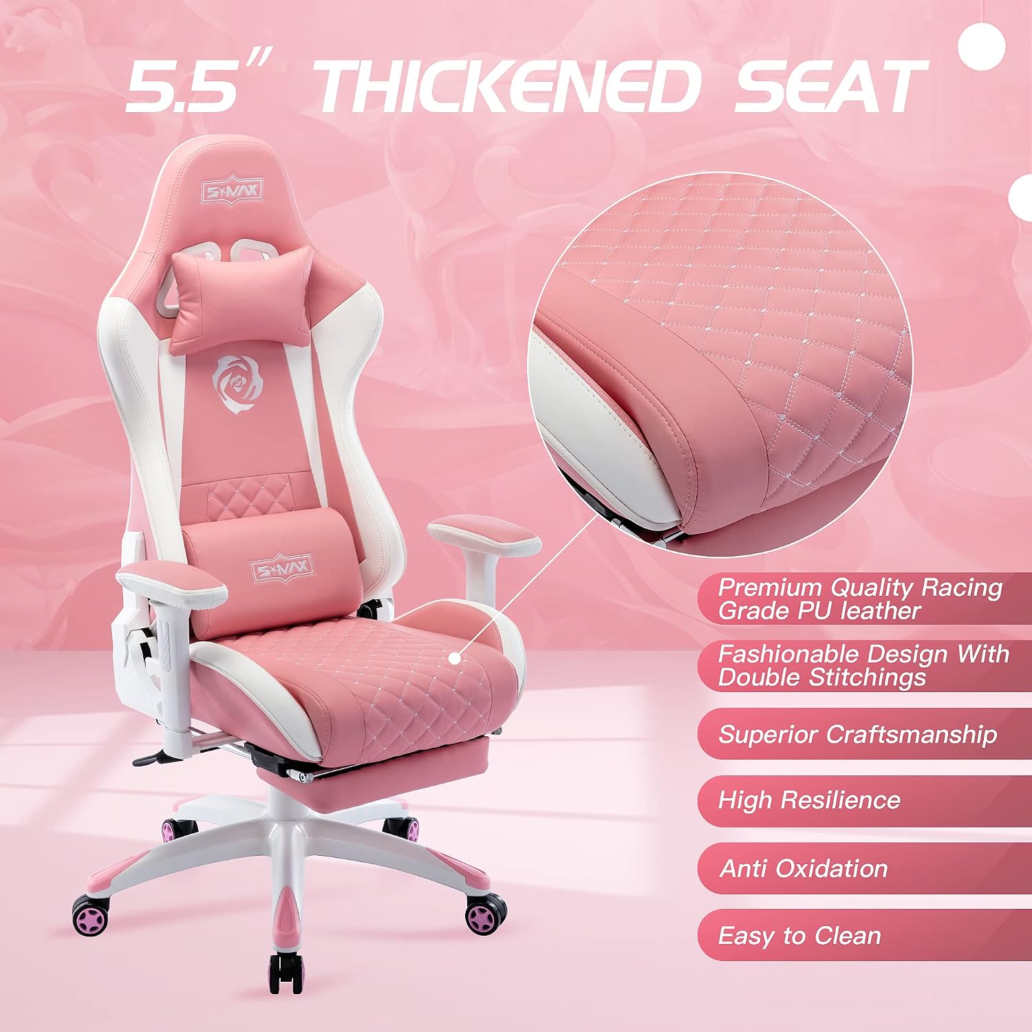 S*MAX Pink Gaming Chair with Footrest Thicken Seat Ergonomic Pink Gamer Chair with 3D Armrest PU Leather Headrest and Lumbar Support High Back Gaming Chair for Girls Pink White