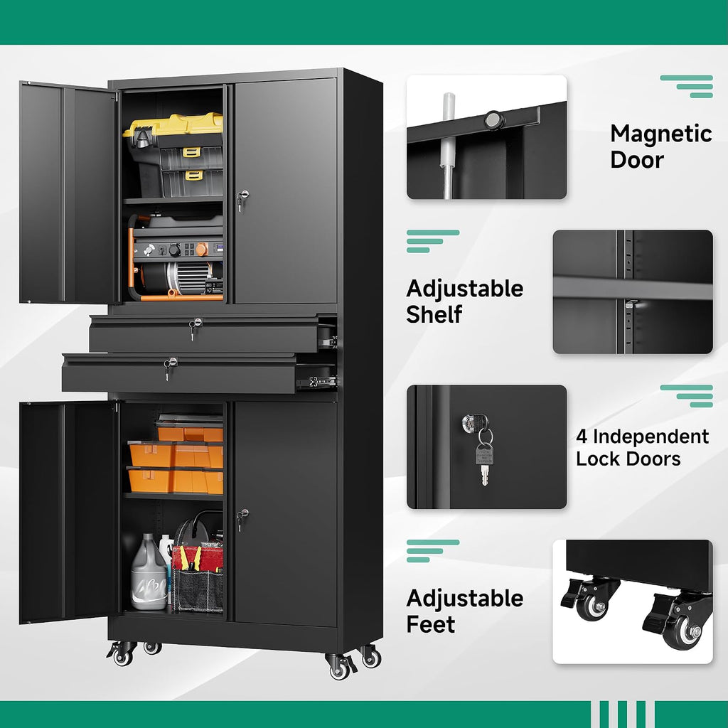 Letaya Metal Garage Storage Cabinet with Wheels,Rolling Tool Cabinet with 4 Door Lock-Adjustable Shelves and 2 Drawer for Garage Home Office Utility Room (Black with Wheels)