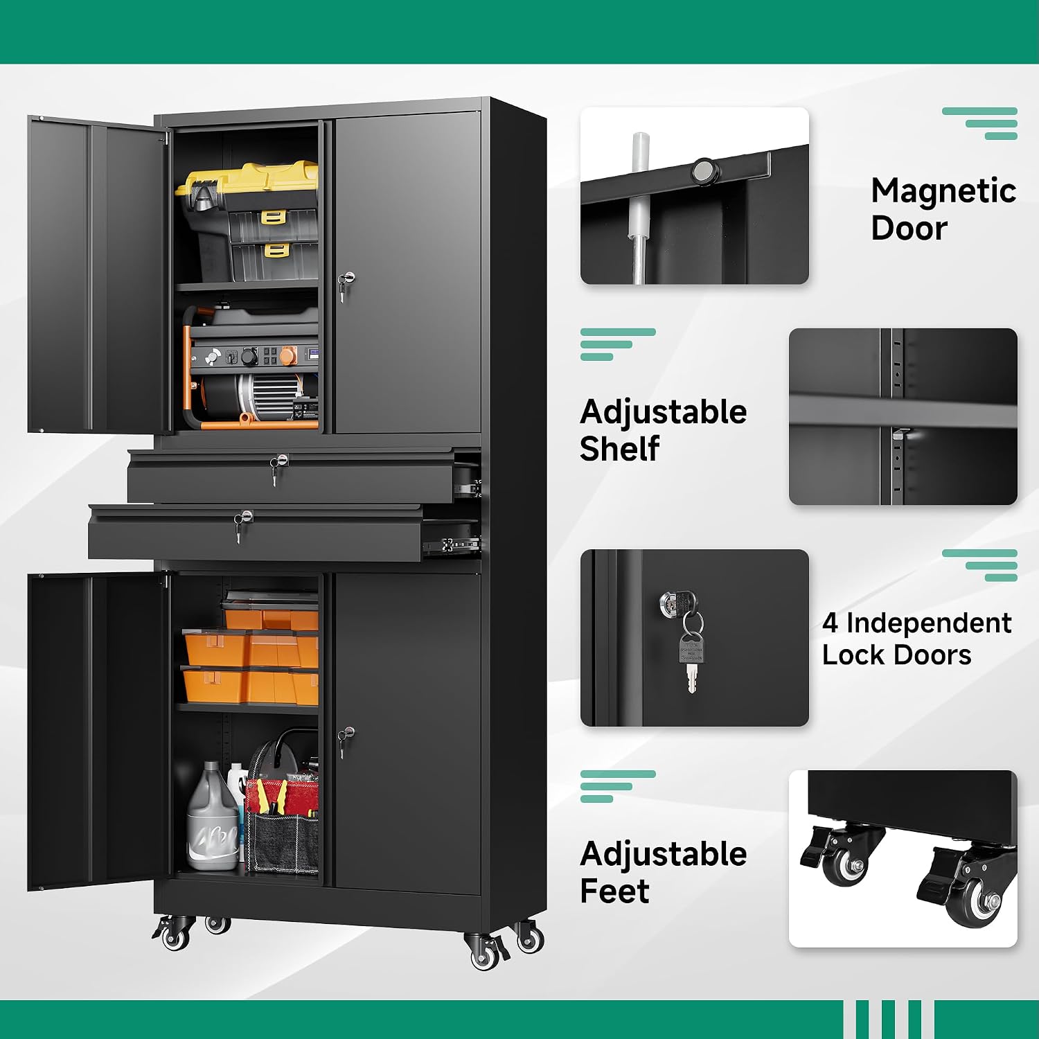Letaya Metal Garage Storage Cabinet with Wheels,Rolling Tool Cabinet with 4 Door Lock-Adjustable Shelves and 2 Drawer for Garage Home Office Utility Room (Black with Wheels)