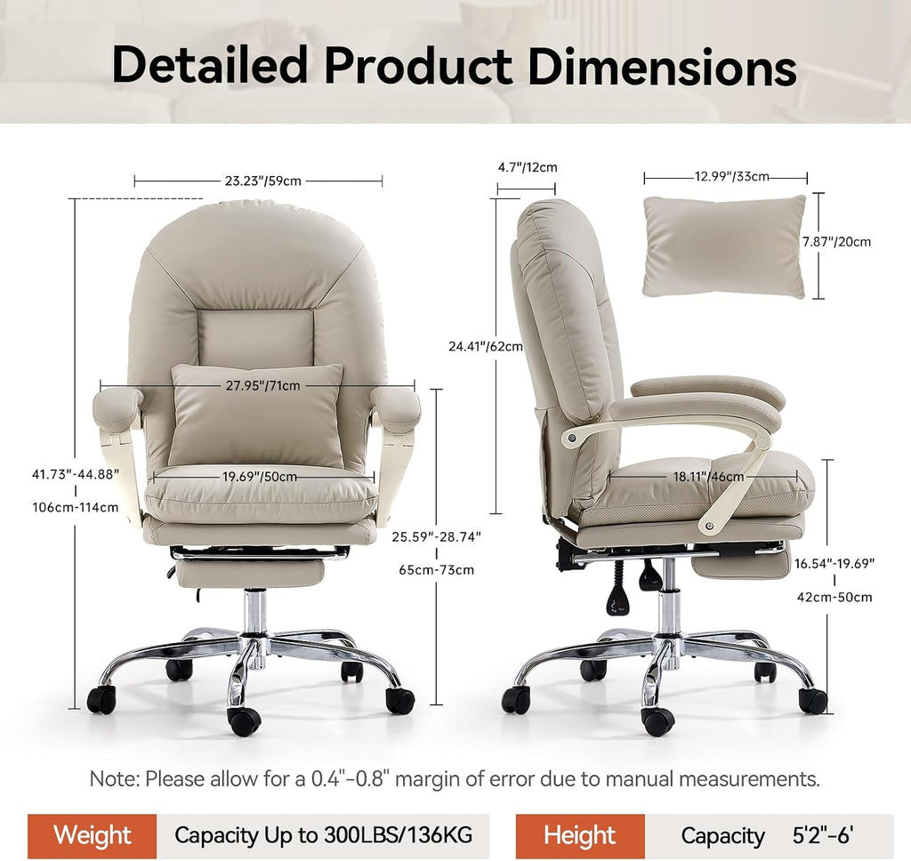 EMIAH Ergonomic Office Chair with Foot Rest Criss Cross Chair with Wheels Reclining Executive Office Chair Mid Back PU Leather Swivel Computer Chairs Lumbar Support for Home Office (Beige)