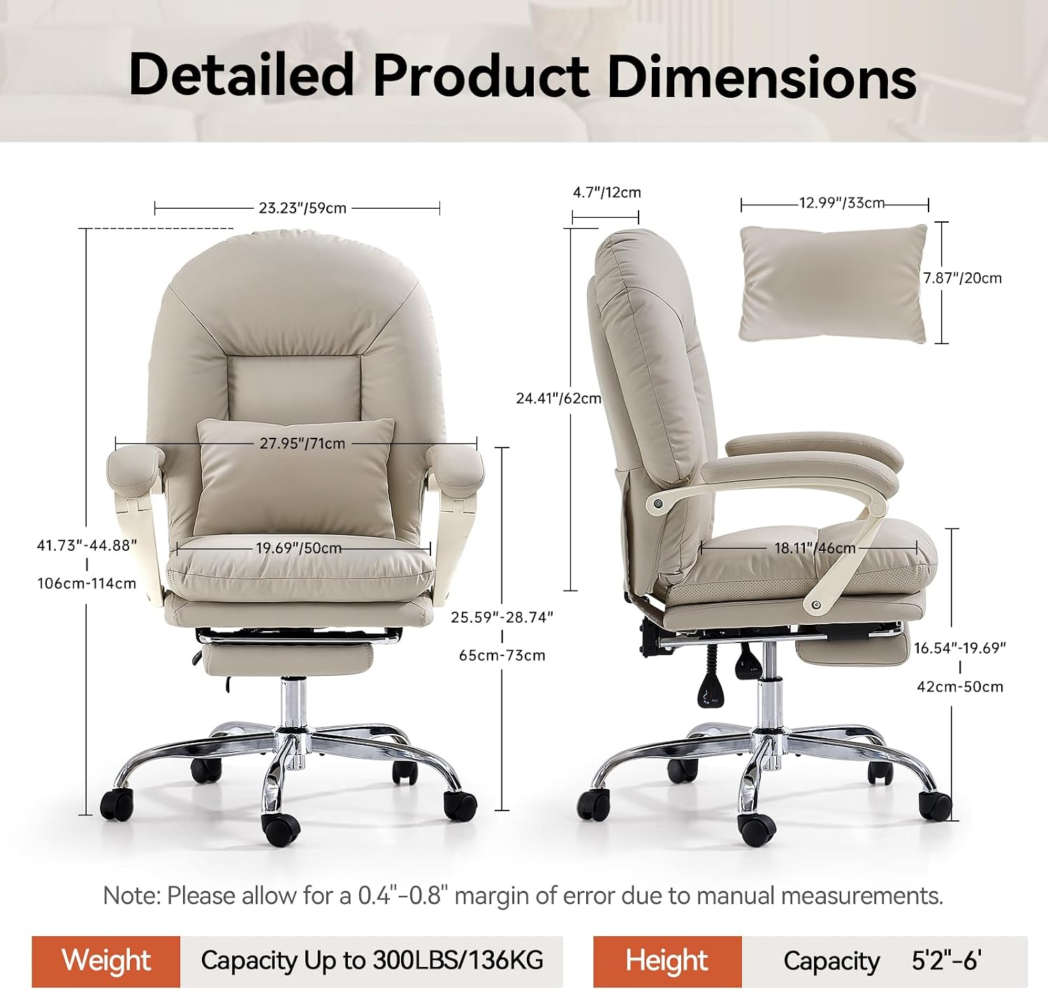 EMIAH Ergonomic Office Chair with Foot Rest Criss Cross Chair with Wheels Reclining Executive Office Chair Mid Back PU Leather Swivel Computer Chairs Lumbar Support for Home Office (Beige)