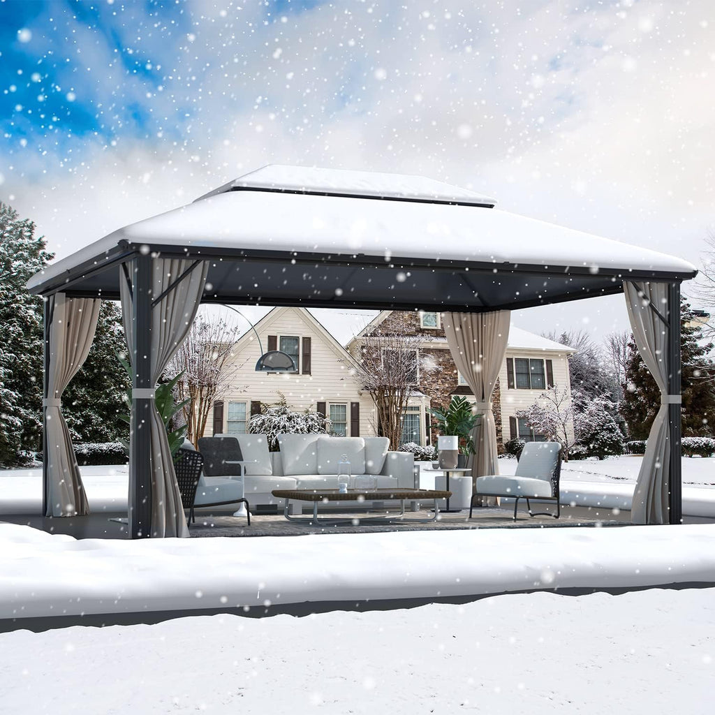 MELLCOM 12'x16' Hardtop Gazebo with Polycarbonate Double Roof, Aluminum Frame Outdoor Gazebos with Curtains and Netting for Garden, Lawn and Patio