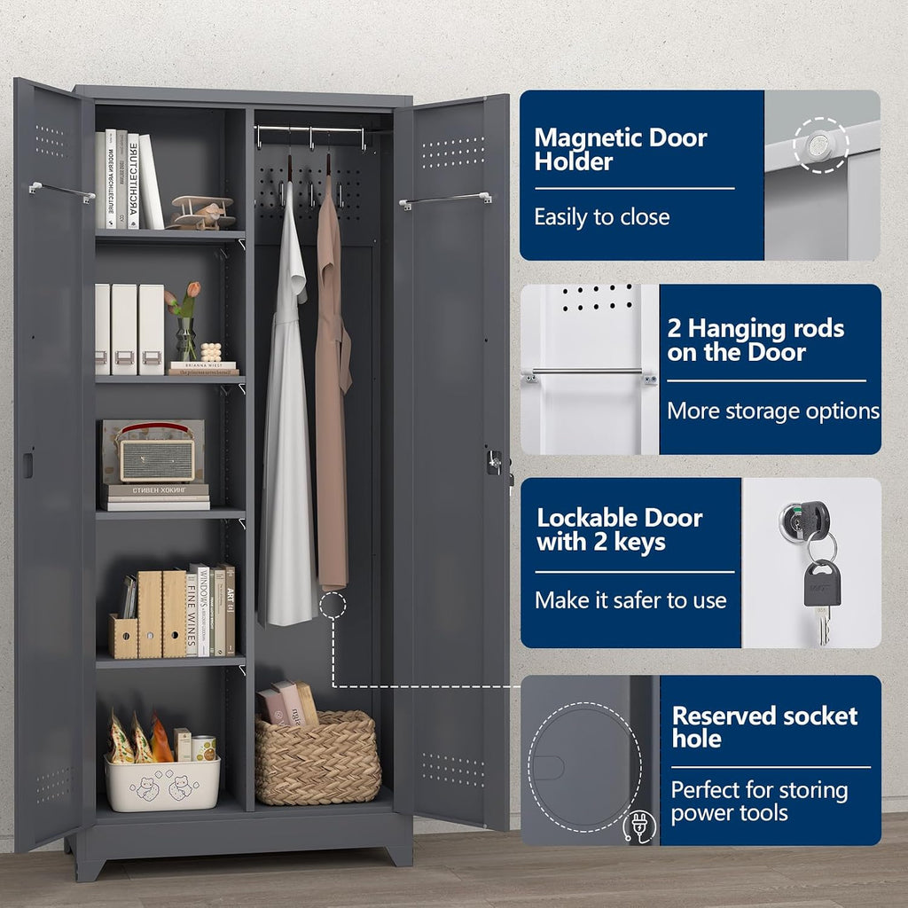 65''H Garage Storage Cabinets, Metal Locking Storage Cabinet with Doors and Shelves, Utility Closet Cabinet with Hanging Rod, Cleaning Storage for Kitchen, Office, Garage
