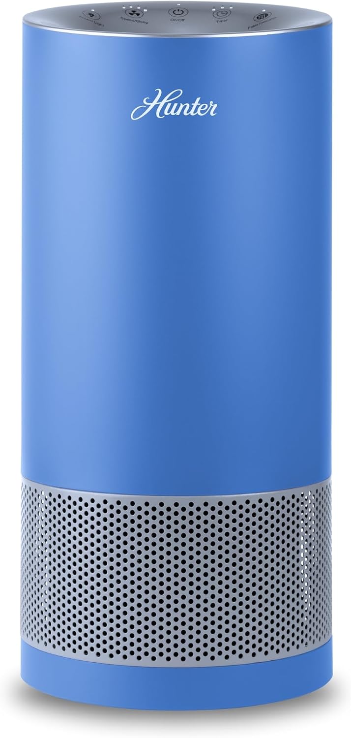 Hunter HP400 Round Air Purifiers for Home, True HEPA Air Purifier Tower for Pets, Odors, Allergens, Smoke, Dust, VOC's. HEPA Air Purifiers for Bedroom and Small Room, Denim & Silver
