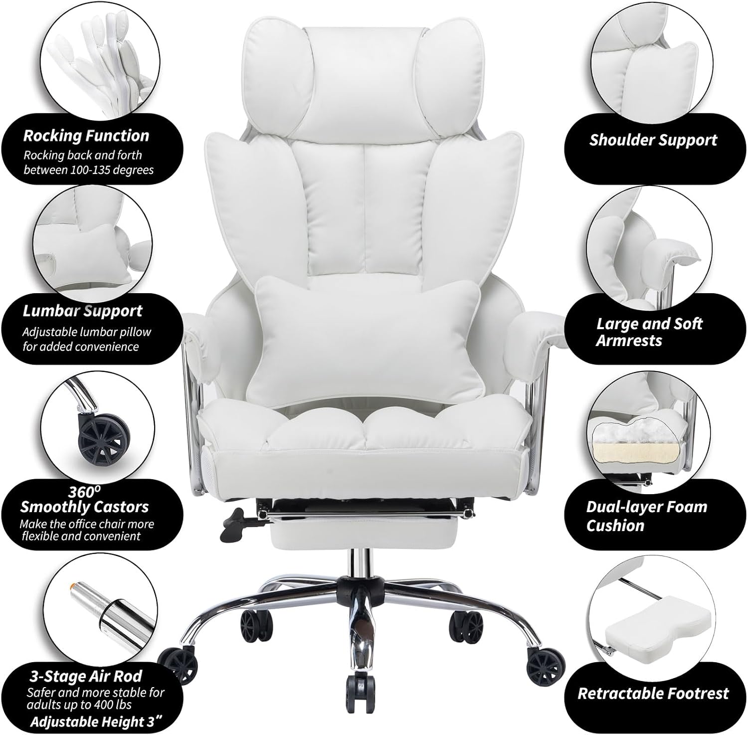 Efomao Big and Tall Office Chair 400lbs – High Back Executive Chair with Swivel Base, PU Leather Upholstery, Lumbar Pillow, Padded Armrests, and Rolling Wheels，White Computer Chair