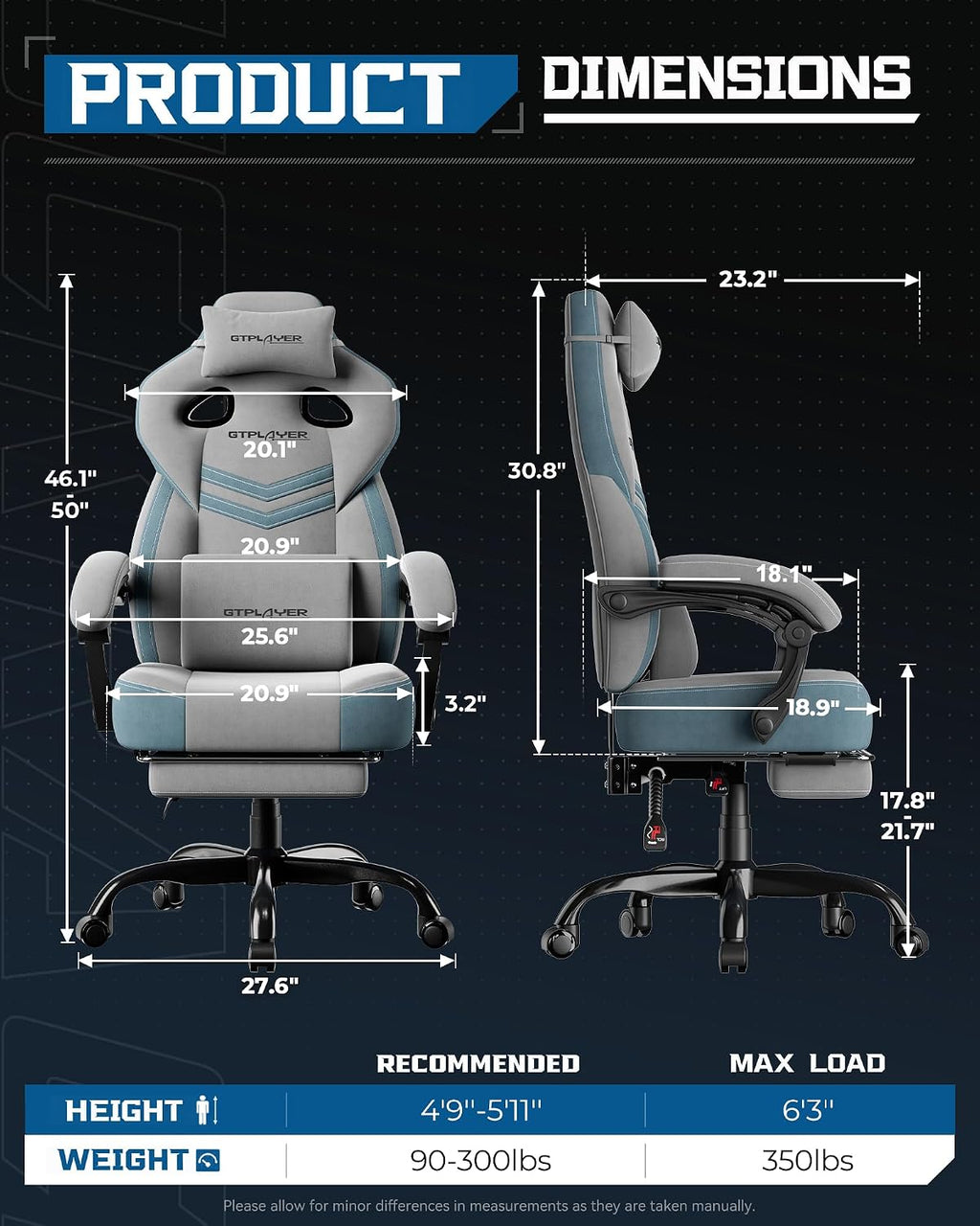 GTPLAYER Gaming Chairs for Adult - Ergonomic Big & Tall Gaming Seat with Footrest & Lumbar Support, Comfortable Office Chair 90-155° Reclining - Heavy Duty Wide Computer Seat, Grey