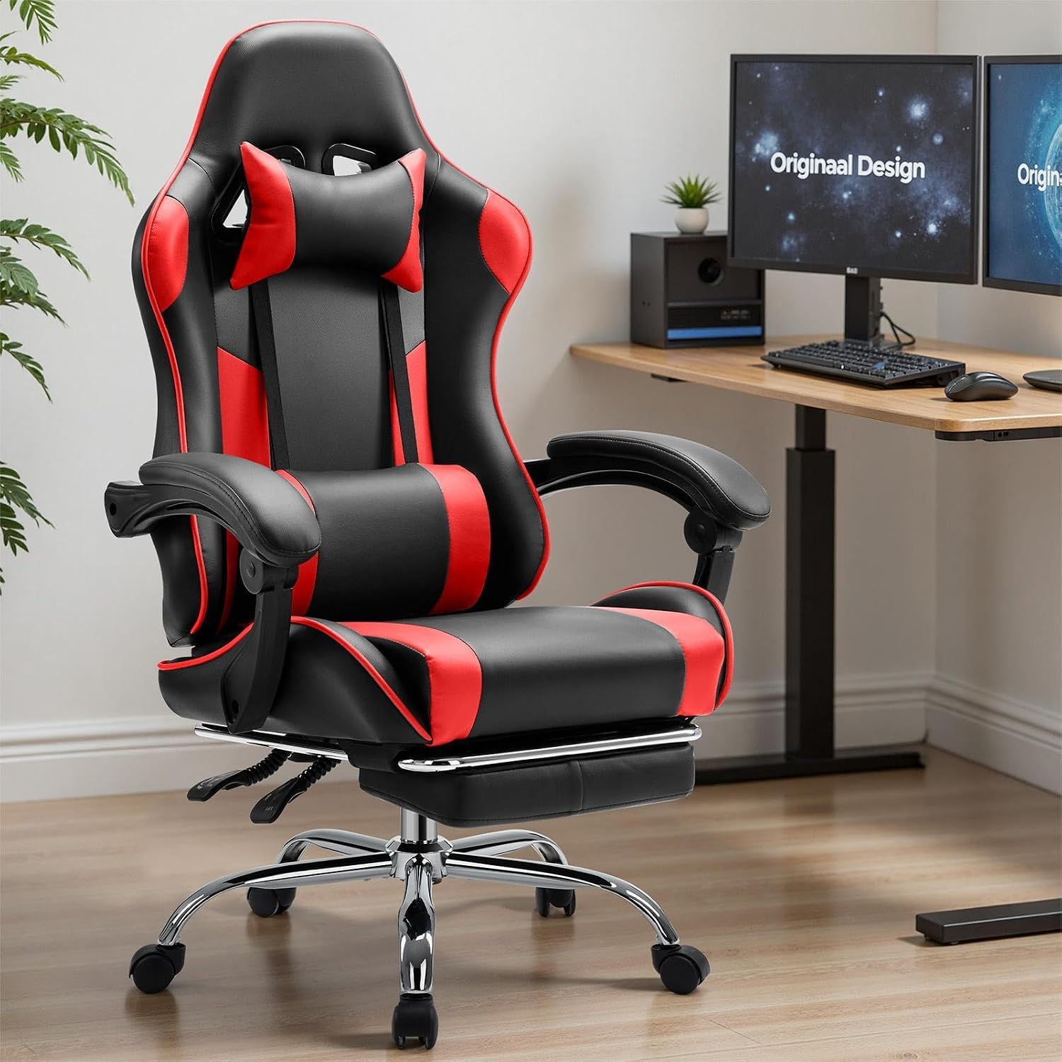 Sweetcrispy Computer Gaming Chair - Ergonomic High Back PU Leather Video Game Chair with Adjustable Headrest & Lumbar Support, Footrest, Racing for Office and Home, Red
