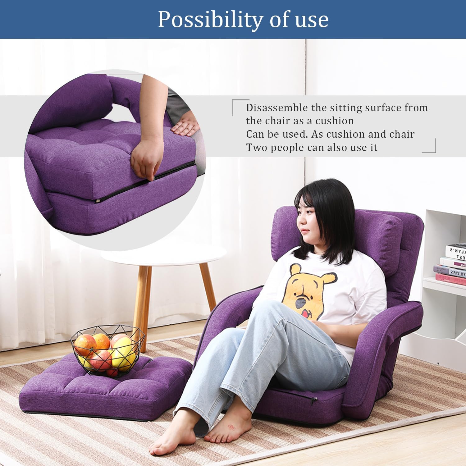 42-Position Adjustable Floor Chair, Chaise Lounge Chair Indoor,Comfy Folding Lazy Sofa Chair for Adults with Armrests and a Pillow Padded,Gaming Chairs for Living Room,Bedroom,Fabric,Purple
