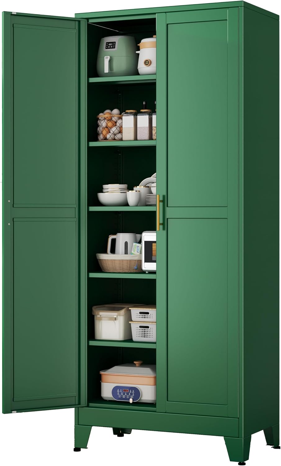 pozdeg 75' Tall Pantry Cabinet, Metal Kitchen Storage Cabinet with 2 Doors and 5 Adjustable Shelves, White Storage Cabinet Cupboard for Kitchen, Dining Room, Living Room and Bathroom (Green)