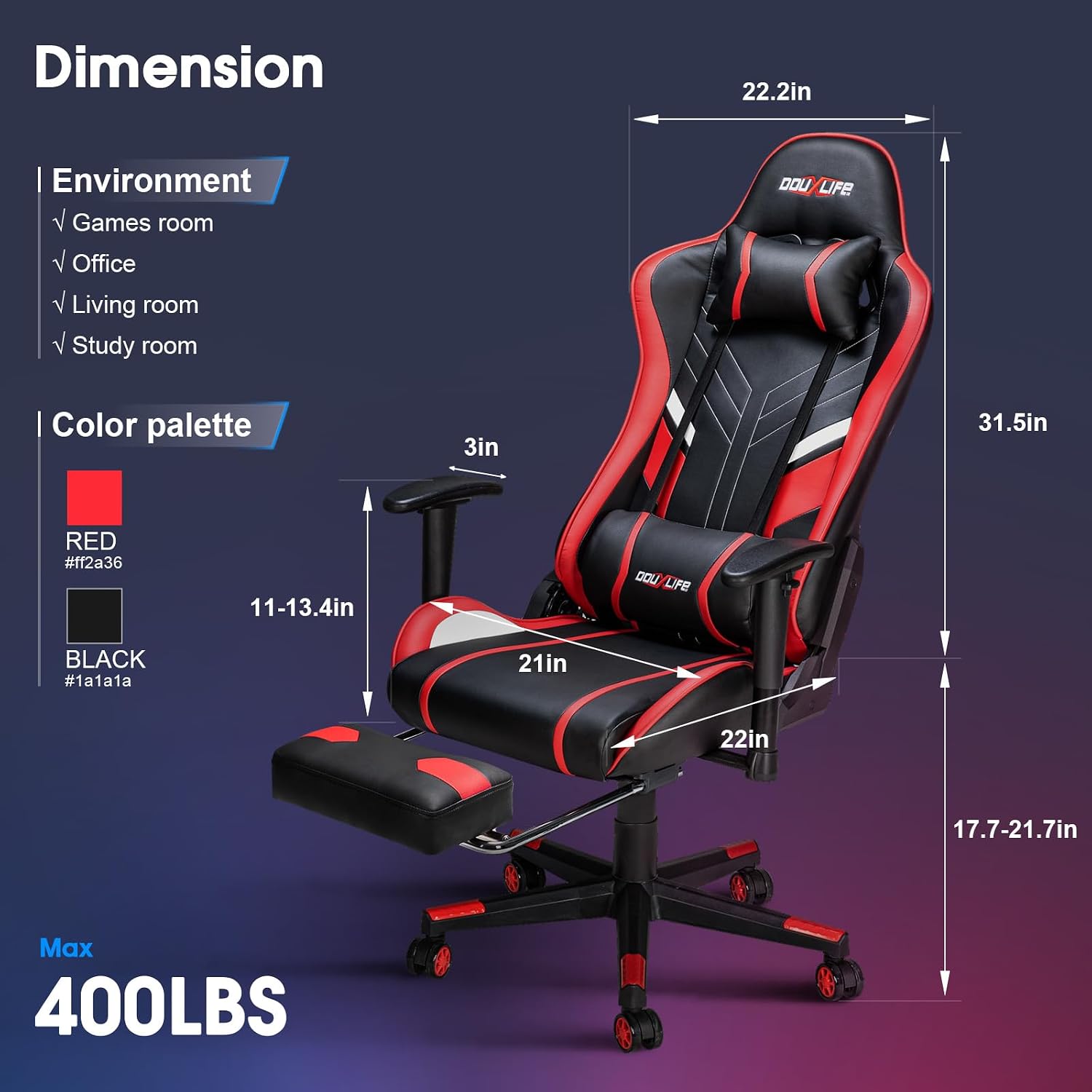 Douxlife 7-Point Massage Gaming Chair with Footrest, 400lbs Heavy Duty Ergonomic Computer Chair, 175° Reclining High Back Racing Seat for Adults with Adjustable Armrests & Lumbar Support, Red