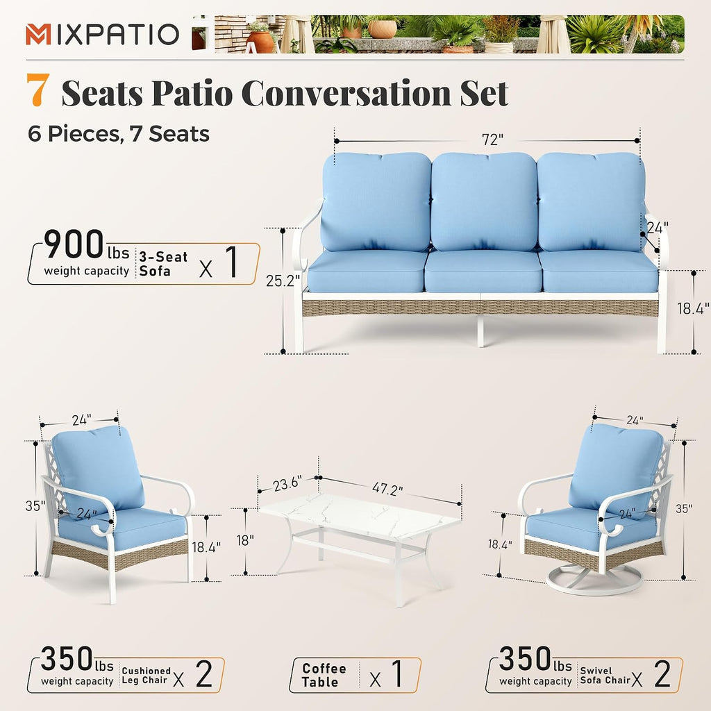 MIXPATIO 6 Piece Patio Furniture Set, 2 x Fixed Chair, 2 x Swivel Chair, 1 x 3-Seat Sofa with Marbling Coffee Table, All Cushioned 7 Seats Outdoor Conversation Set for Lawn Garden Backyard, Blue