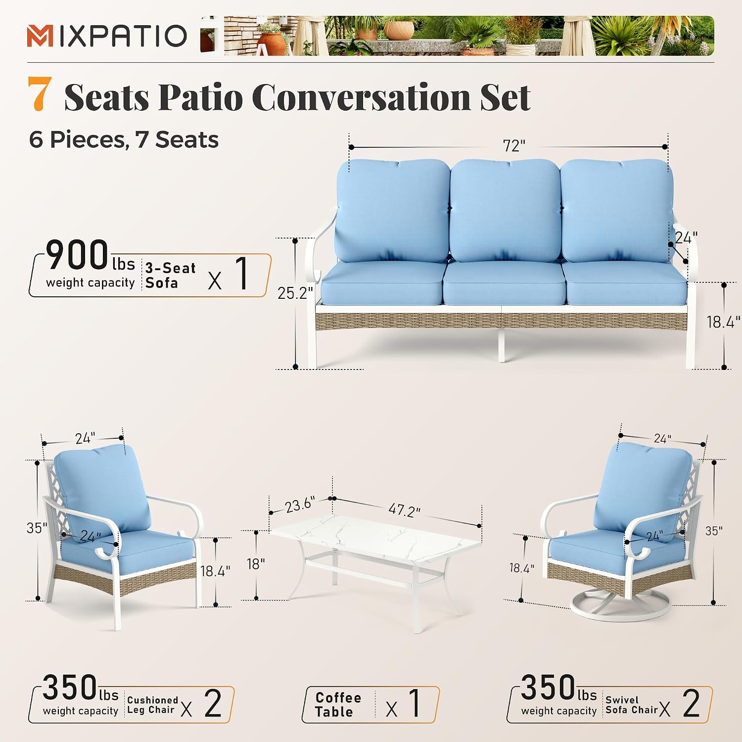 MIXPATIO 6 Piece Patio Furniture Set, 2 x Fixed Chair, 2 x Swivel Chair, 1 x 3-Seat Sofa with Marbling Coffee Table, All Cushioned 7 Seats Outdoor Conversation Set for Lawn Garden Backyard, Blue