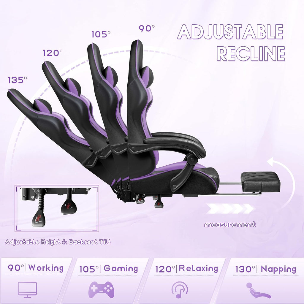 Shahoo Gaming Chair with Footrest and Massage Lumbar Support, Ergonomic Computer Seat Height Adjustable with 360°Swivel and Headrest, Purple