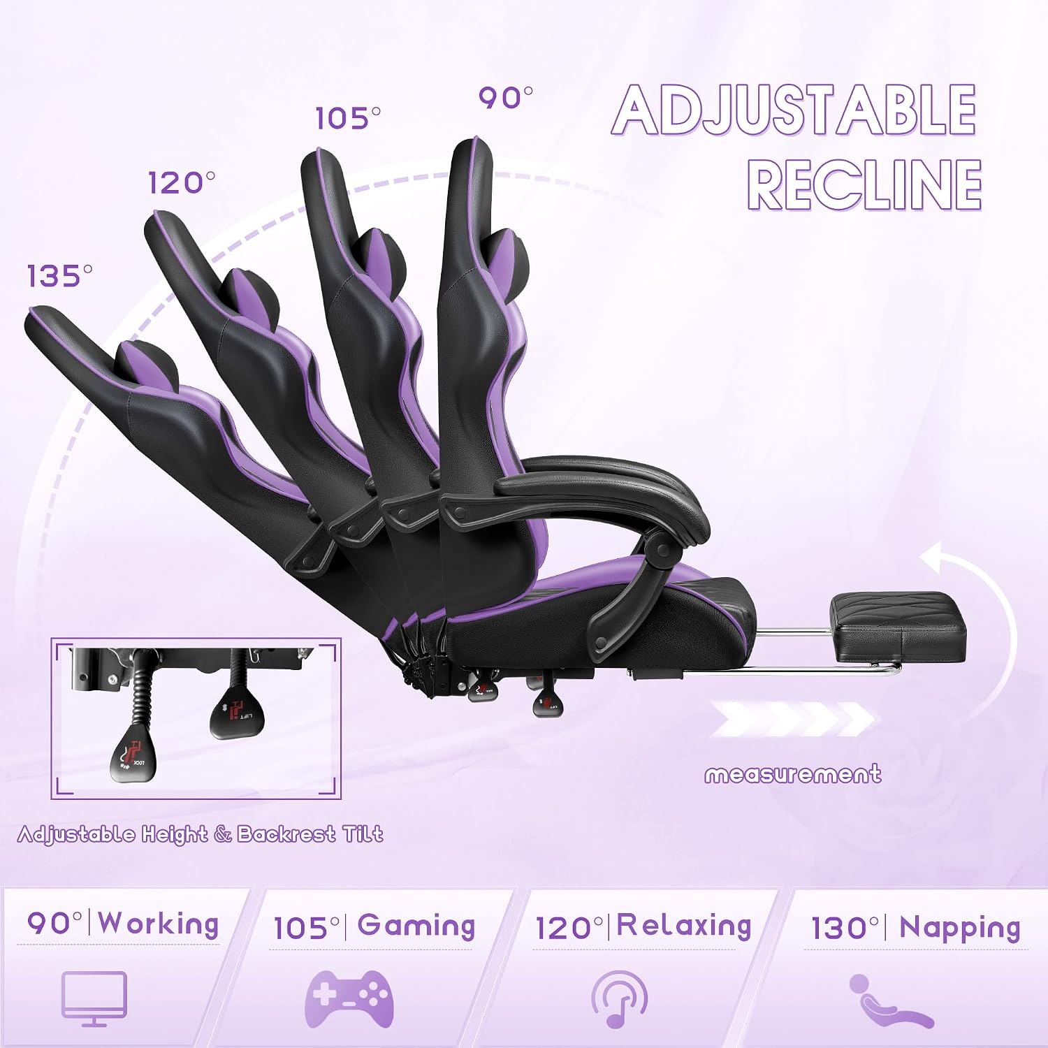 Shahoo Gaming Chair with Footrest and Massage Lumbar Support, Ergonomic Computer Seat Height Adjustable with 360°Swivel and Headrest, Purple