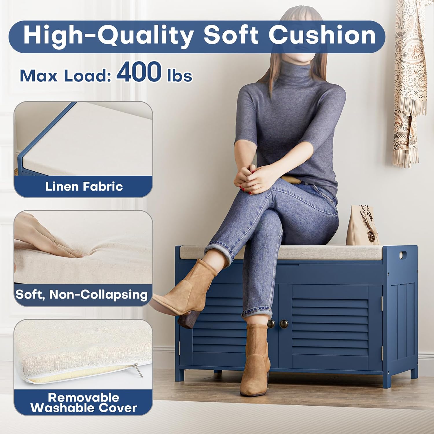 WARMHONIU Shoe Storage Bench with Lift Top Storage, Entryway Bench with Cushioned Seat, Adjustable Shelf, 2 Tier Shoe Rack with Doors for Entryway, Bedroom, Hallway, Mudroom, Blue
