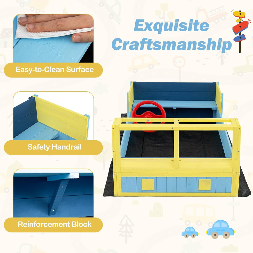 Costzon Sandbox, Fir Wood Car-Theme Sand Pit with Bottom Liner, Rotatable Rudder & Bench Seat for Kids Aged 18+ Months, Outdoor Playset for Backyard, Beach and Patio (Blue, Yellow)