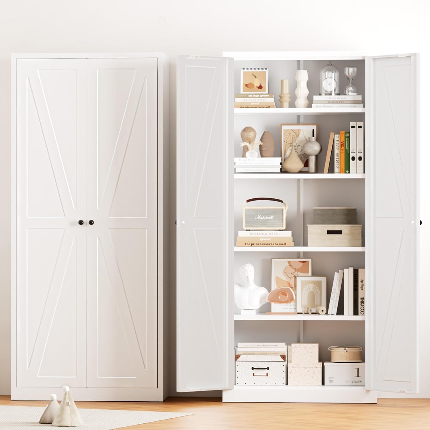 Greenvelly Metal Cabinet, 63' H White Metal Storage Cabinet with Doors and 4 Shelves, Pantry Storage Cabinet for Kitchen, Bedroom, Living Room, Office (Farmhouse)