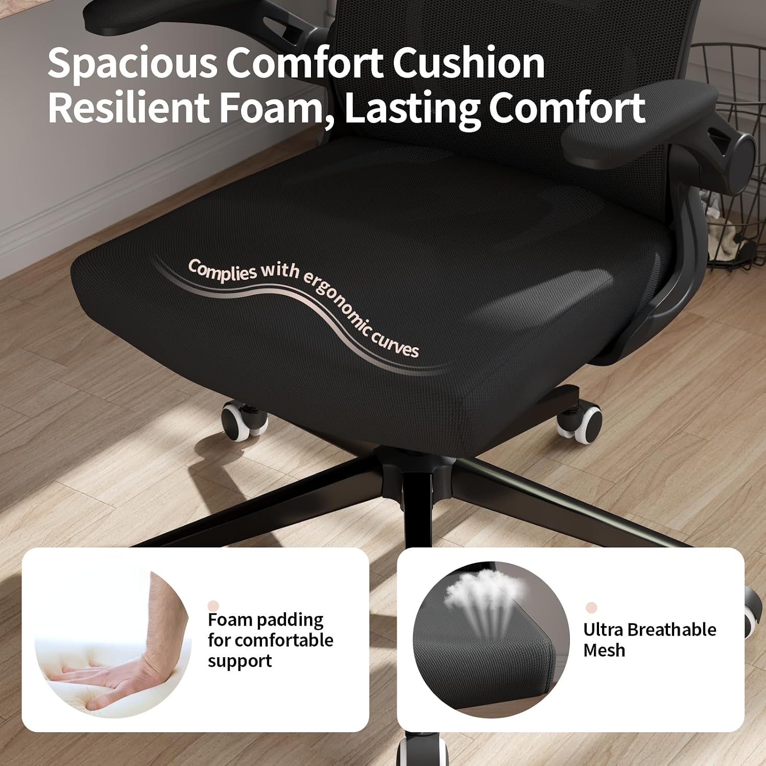 Monhey Office Chair Ergonomic Desk Chair with Lumbar Support&Headrest&Flip-up Arms Height Adjustable Rocking Swivel High Computer Chair Multi-Angle from 90° to 125° with 350LBS Capacity (03All Black)