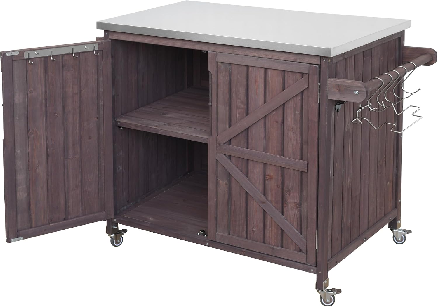 LUMISOL Outdoor Rolling Kitchen Cart with Stainless Steel Top, 42.1' Grill Cart with Adjustable Shelf and 4 Wheels, Farmhouse Kitchen Island with Side Shelf and Storage Cabinet, Dark Brown